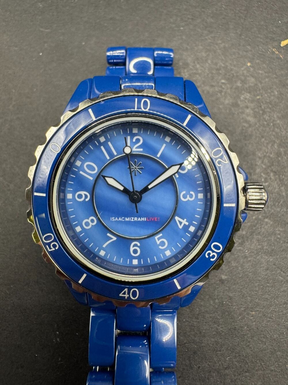 Vintage Isaac Mizrahi Live Womens Watch 34mm Blue MOP Dial Ceramic Band